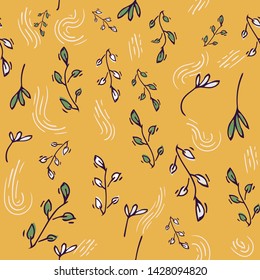 Bright Print with yellow hand drawing Background . Seamless Pattern with doodle Flowers and Leaves .Texture for Wallpapers, Web Page , Surface Textures , Wrap Paper ,Textiles, Cover, Magazine