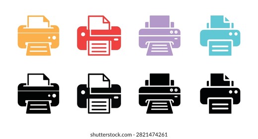 Bright printer icons in four vibrant colors orange red purple and cyan arranged in a row for digital presentations marketing materials and office designs