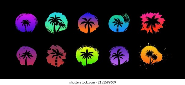 Bright prints with grunge sunrise spots and palm silhouettes. Neon decor design for home accessories, clothes, fabric, summer beach bar. Vector decorative stickers