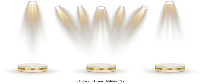 Bright projector casts light through concert mist. Empty podium waits beneath soft blue glow. Reflected stage lights enhance visual depth. Dark wall backdrop contrasts spotlight brilliance.