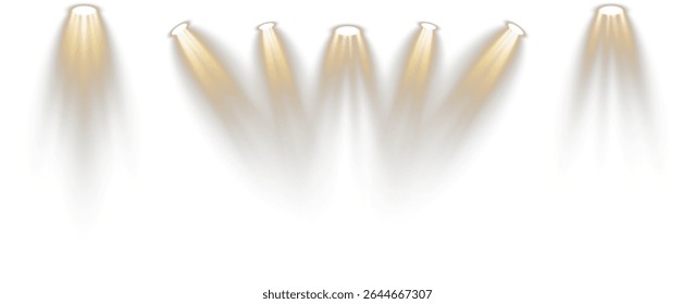 Bright projector casts light through concert mist. Empty podium waits beneath soft blue glow. Reflected stage lights enhance visual depth. Dark wall backdrop contrasts spotlight brilliance.