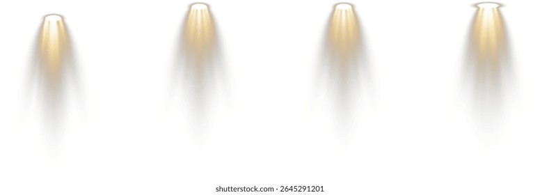 Bright projector casts light through concert mist. Empty podium waits beneath soft blue glow. Reflected stage lights enhance visual depth. Dark wall backdrop contrasts spotlight brilliance.
