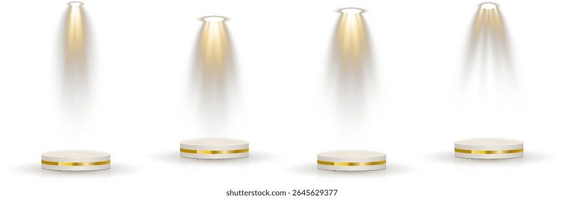 Bright projector casts light through concert mist. Empty podium waits beneath soft blue glow. Reflected stage lights enhance visual depth. Dark wall backdrop contrasts spotlight brilliance.