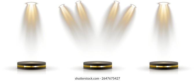 Bright projector casts light through concert mist. Empty podium waits beneath soft blue glow. Reflected stage lights enhance visual depth. Dark wall backdrop contrasts spotlight brilliance.
