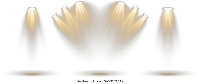 Bright projector casts light through concert mist. Empty podium waits beneath soft blue glow. Reflected stage lights enhance visual depth. Dark wall backdrop contrasts spotlight brilliance.