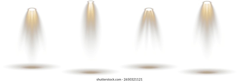 Bright projector casts light through concert mist. Empty podium waits beneath soft blue glow. Reflected stage lights enhance visual depth. Dark wall backdrop contrasts spotlight brilliance.
