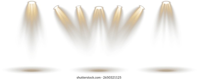 Bright projector casts light through concert mist. Empty podium waits beneath soft blue glow. Reflected stage lights enhance visual depth. Dark wall backdrop contrasts spotlight brilliance.