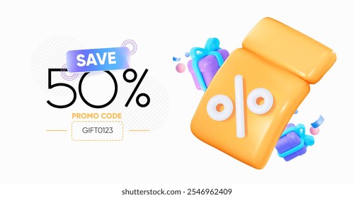 ¡Una Plantilla de Anuncio de código promocional brillante para ahorrar un 50%! Un Cupón dorado con regalos voladores. Conveniente para la promoción, el Cupón, el vale, el descuento, y los boletos. Anuncio de Vector.