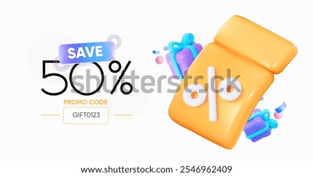A bright promo code banner template for 50% savings! A golden coupon with flying gifts. Suitable for promotion, coupon, voucher, discount, and tickets. Vector banner.