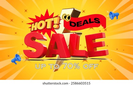 Bright promotional advertisement featuring bold 3D text for a hot sale with discounts. Perfect for marketing campaigns and attracting customers with eye-catching designs and dynamic backgrounds.