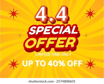 Bright promotional banner featuring a limited time special offer with up to 40% discount prominently displayed in vibrant and dynamic graphics, perfect for sales or marketing campaigns.