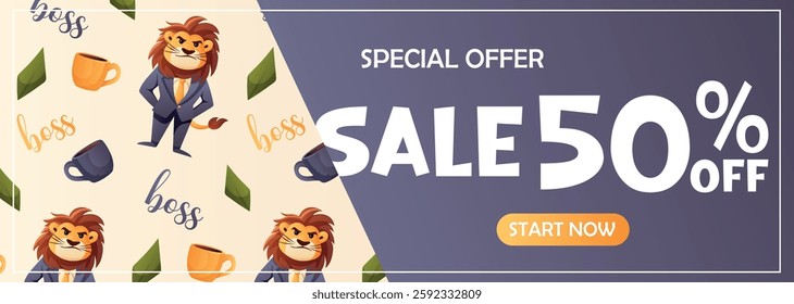 Bright promotional banner with a seamless pattern of lions in suits, coffee mugs with the word Boss, and green leaves. 50% off.  
