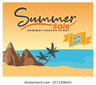 Bright promotional image featuring a summer sale announcement with a beach scene, palm trees and a twenty percent discount offer. Bright and eye catching design, perfect for seasonal marketing and adv