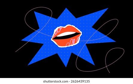 Bright provocative collage-style print. Bright lips on the background of a blue star, a symbol of passion, flashes of feelings. Stylized graphic design element.