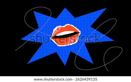 Bright provocative collage-style print. Bright lips on the background of a blue star, a symbol of passion, flashes of feelings. Stylized graphic design element.