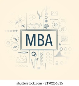 Fondo de color brillante de pstol con símbolos y gráficos abstractos y texto de MBA con iconos