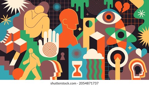 Bright psychedelic composition. Vivid images, abstract patterns. Picture for printing on fabric. Human silhouette, head, eye, crowd. Cartoon flat vector illustration isolated on colorful background