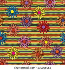 bright psychedelic flowers & lines  seamless pattern, editable, vector eps10