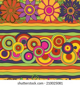 bright psychedelic flowers and lines  seamless pattern, editable, pop art fashion texture, 1970s style background, ornate
 colors backdrop, hippie and hipster looking print, vector eps10