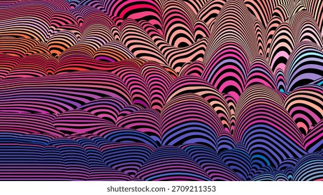 Colinas psicodélicas brillantes y ondas rayadas crean un fondo vívido y abstracto perfecto para el diseño moderno.