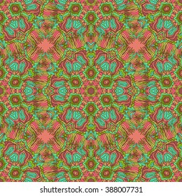 Bright psychedelic kaleidoscope mandala seamless pattern. Vector illustration