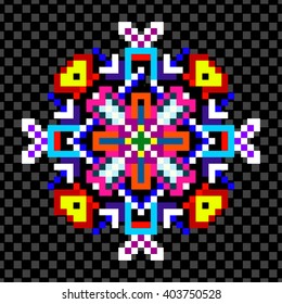 bright psychedelic mandala of the pixels on a black background