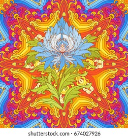 bright psychedelic mandala and wonderful tibetan lotus in center, vector illustration