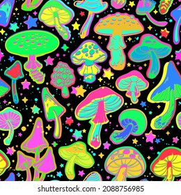 bright psychedelic mushrooms on a black background