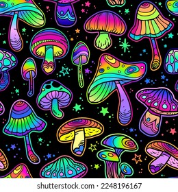 Bright psychedelic mushrooms on a black background