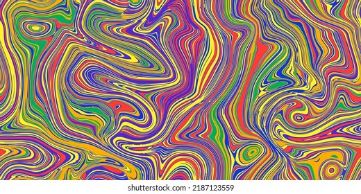 Bright psychedelic seamless marble pattern with hallucination swirls. Vector liquid acrylic texture. Flow art. 70s textile background. Tie dye simple artistic effect. Groovy design