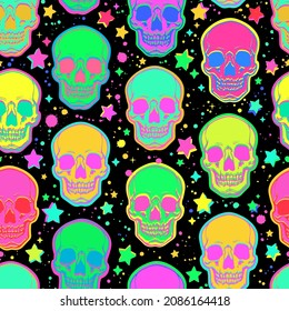 bright psychedelic skulls on black background