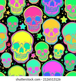 bright psychedelic skulls on black background