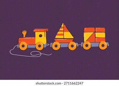 Bright Pull-Along Toy Train Illustration with Colorful Wooden Blocks and Sailboat Wagon