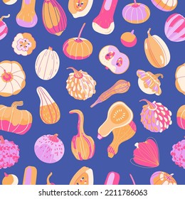 Bright pumpkin seamless vector pattern on a blue background. For wallpaper, wrapping paper, textiles, postcards, web page backgrounds, interior decor, menus. Autumn harvest illustration