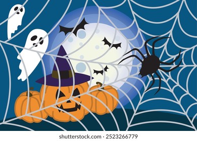 Calabazas brillantes, fantasmas, una gran araña en un Web, murciélagos contra el fondo de una luna llena. El cielo azul oscuro de la noche enfatiza la atmósfera mística de Halloween.