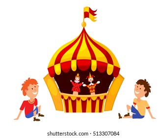 Bright a puppet theater on a white background. Vector illustration of a puppet theater with 
open scenes, dolls and small spectators. Cartoon style. Stock vector