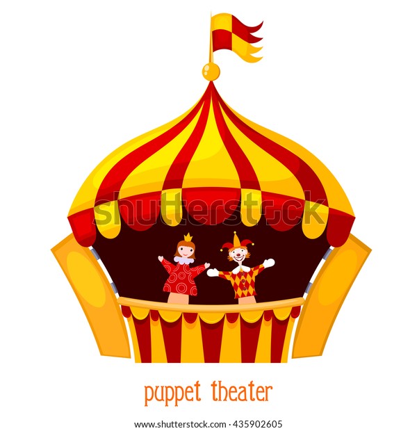 Bright a puppet theater on a white background.\
Vector illustration of a puppet theater with open scenes and dolls.\
Cartoon style. Stock\
vector