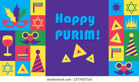 Bright Purim banner with geometric shapes, festive icons like masks, crowns, wine glasses, and hamantaschen, with bold Happy Purim text in a playful design. Vector abstract banner for Jewish holiday