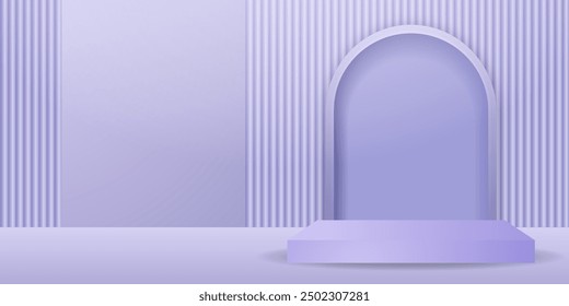 Bright purple 3d pastel podium or pedestal abstract geometric background platform.  Purple minimal design concept. Stage podium purple 3d render for product vector