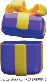 A bright purple 3D square gift box with an open lid and a yellow bow. Surprise, packaging, holiday, birthday, Christmas, Valentine's Day. Vector illustration. Glossy plastic style. Render.