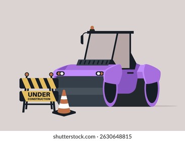 Bright purple asphalt paver engages in construction activities while a caution sign stands tall, alerting nearby pedestrians of the ongoing work in this bustling urban environment