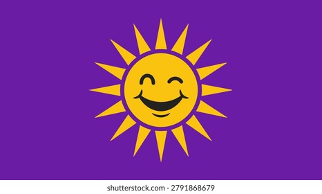 Bright purple background with a cheerful yellow smiling sun illustration