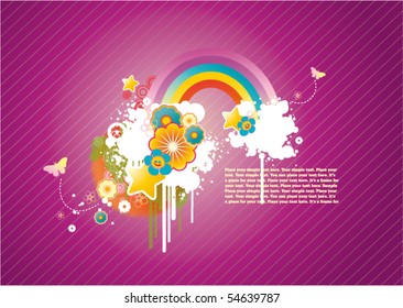 Bright purple background with floral ornament, clouds, rainbow and free space for text.
