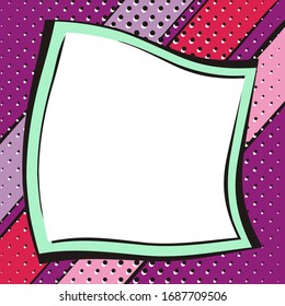 Bright purple background in popart style. White box for text in the form of a crumpled sheet of paper. Square web banner for social media post template. Vector illustration.