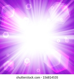 Bright purple background with a sun burst with lens flare. Vector illustration. Stock Vector