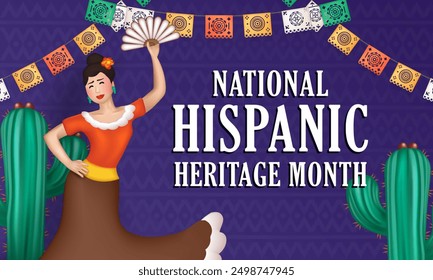 Bright purple banner with ethnic pattern, realistic papel picado, 3d cartoon happy woman in Hispanic dress performing Latin dance among cacti and text - National Hispanic Heritage Month