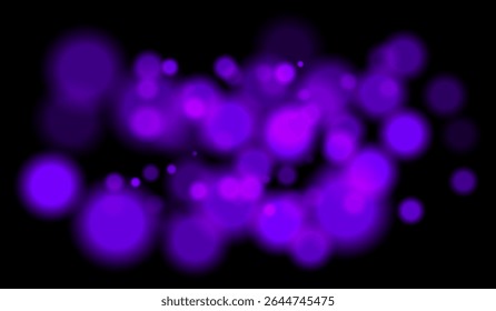 Bright purple bokeh particles of multiple sizes with depth effect on dark background. Perfect for night visuals or technology-themed scenes.