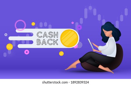 Bright purple Cashback banner. The girl sits on a pouf and holds a tablet. Concept on the topic of earnings. Vector illustration.