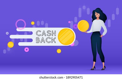 Bright purple Cashback banner. The girl is holding a gold coin. Concept on the topic of earnings. Vector illustration.