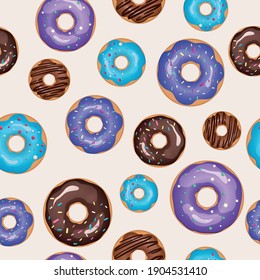 Bright purple and chocolate donuts seamless pattern. Vector illustration of sweet desserts
